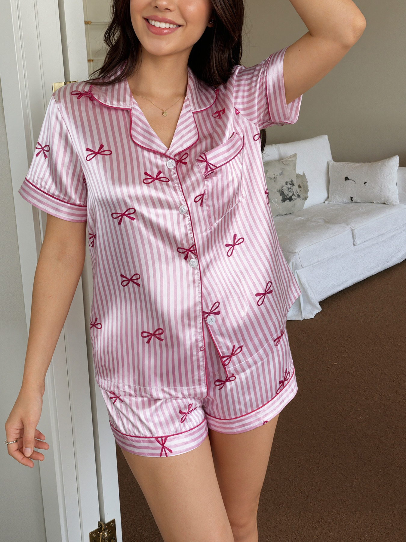 Women Pajamas Set Bow Tie Stri - Silk Tie Striped review and price