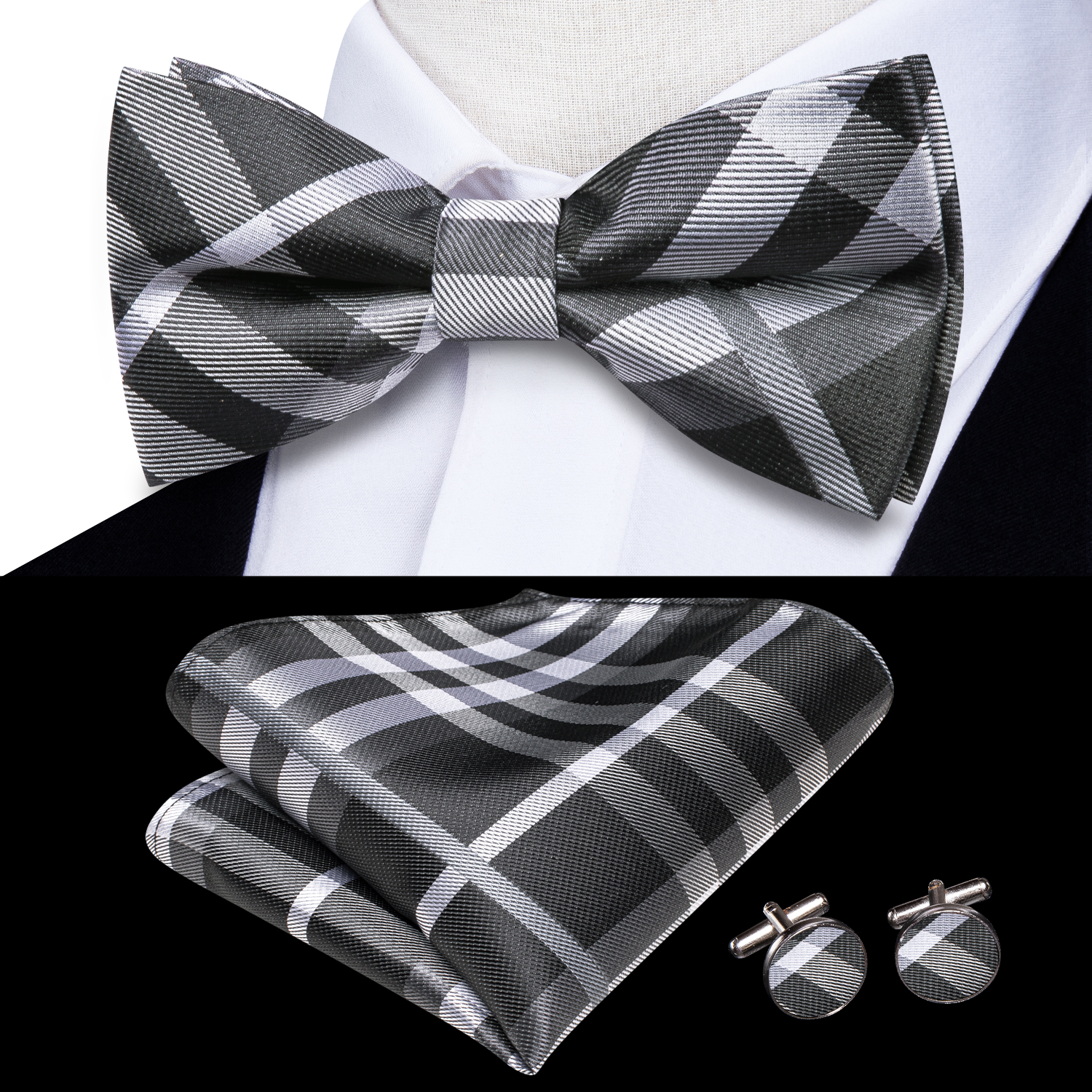 Hi-Tie Grey Plaid Jacquard Sil - Bow Tie Pre Tied review and price