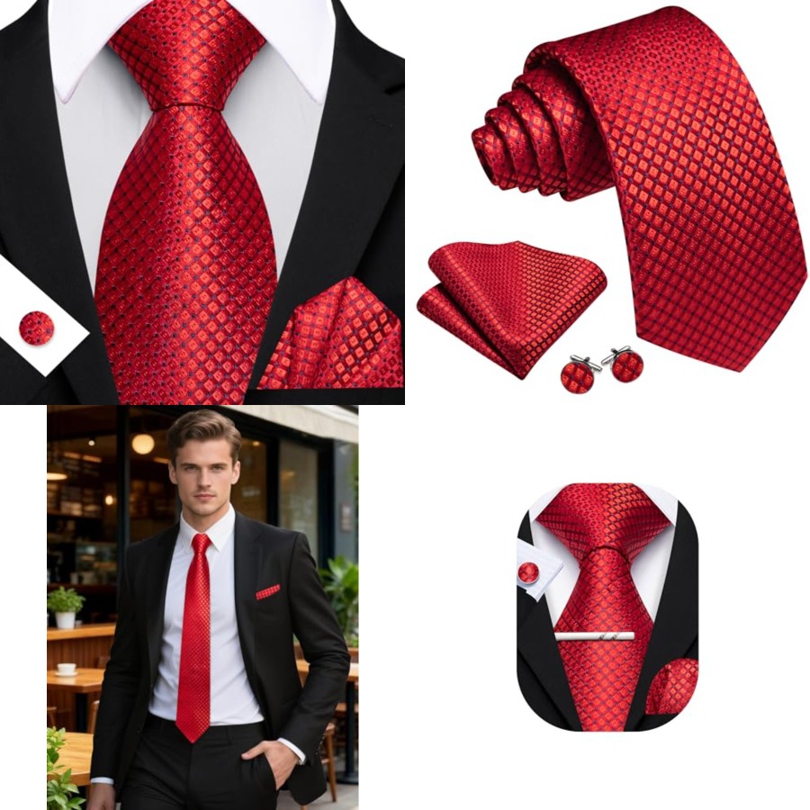 Men Plaid/Striped Ties Set Sil - Pocket Square Set review and price
