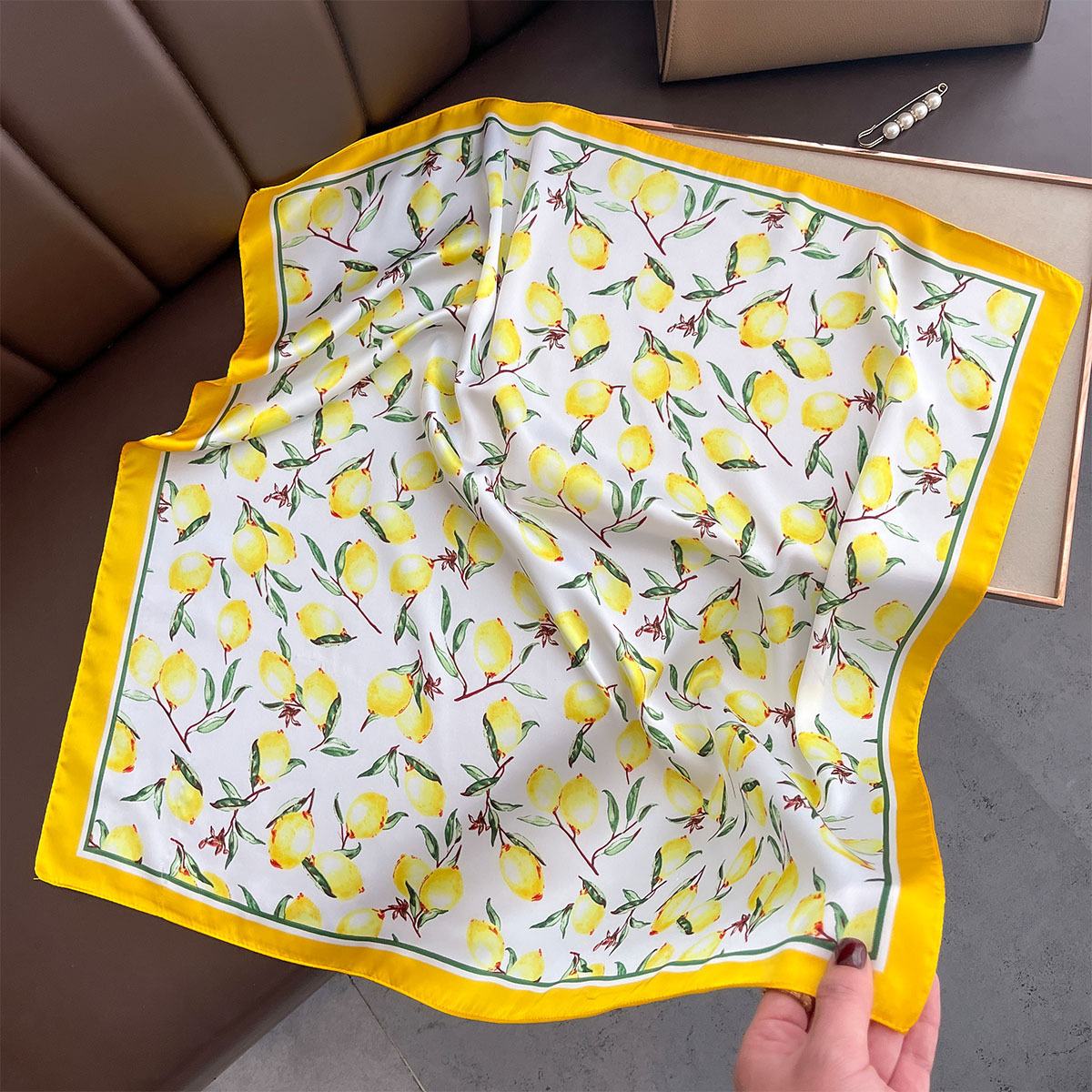 2025 New Yellow Lemon Print Sq - Scarf Silk Square review and price